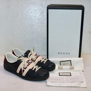 Gucci Ace Stripe Sneakers Black Leather Men's Shoes Size EU 42